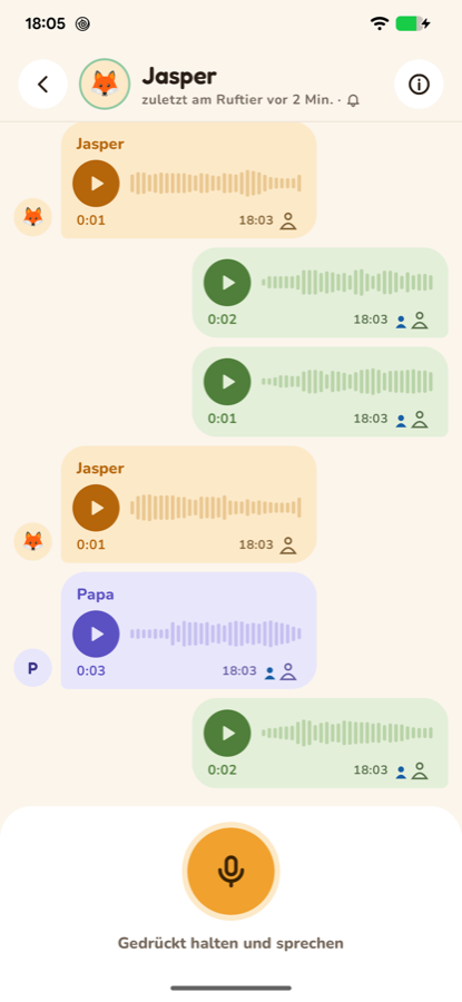 Screenshot der Ruftiere-App: Verlauf von Sprachnachrichten zwischen Kind und Eltern, mit Wellenform, Dauer und Abspielen-Knopf