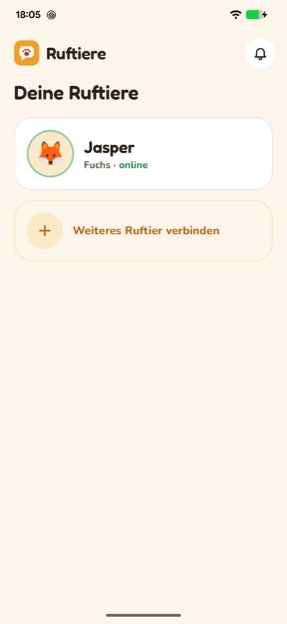 Screenshot der Ruftiere-App: Geräteliste mit einem Ruftier, Status online und Anzahl neuer Sprachnachrichten