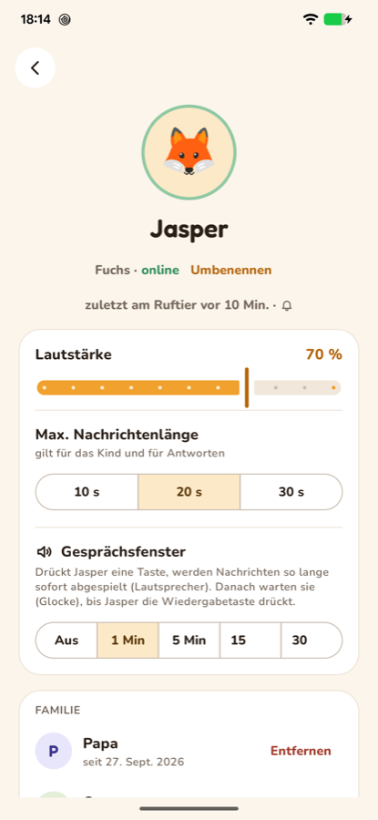 Screenshot der Ruftiere-App: Einstellungen eines Ruftiers mit Lautstärke, maximaler Nachrichtenlänge, Gesprächsfenster und Familienmitgliedern